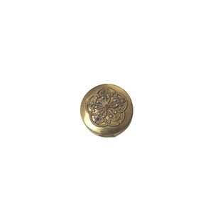 Hampden Gold Round Blush Compact Filigree Rhinestones Flaming Lotus